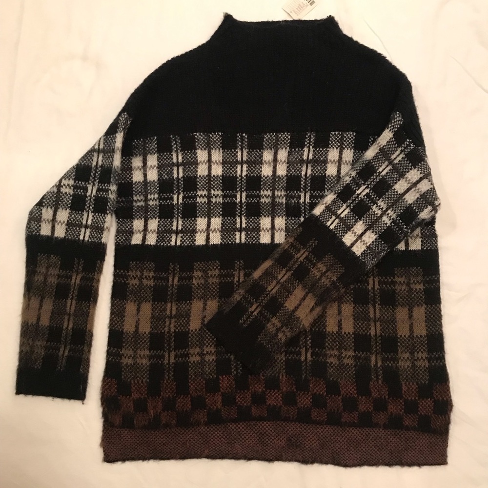 Plaid Mock Neck Wool Sweater